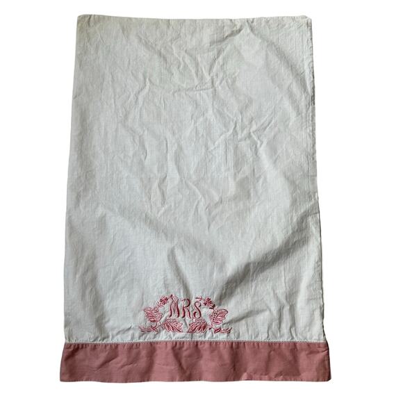 Vintage Pink Embroidered Mr Mrs Wedding Pillowcases Flat Sheet Cotton Trad Wife - Picture 2 of 12